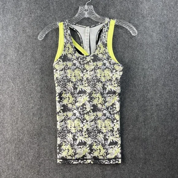 Lululemon Inspiration Tank II Crosscourt Petal Black Clarity Yellow Size 2 EUC - Picture 1 of 7